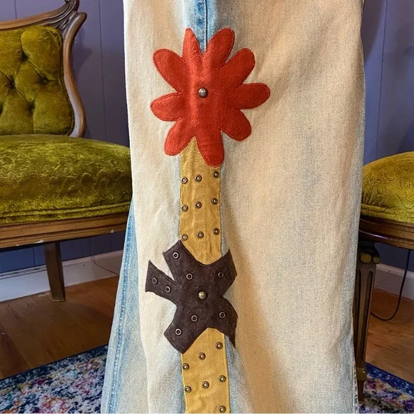 Vintage 90s/Y2K RARE Road Cat Suede And Felt Patchwork Maxi Denim Skirt Size M - Picture 9 of 16